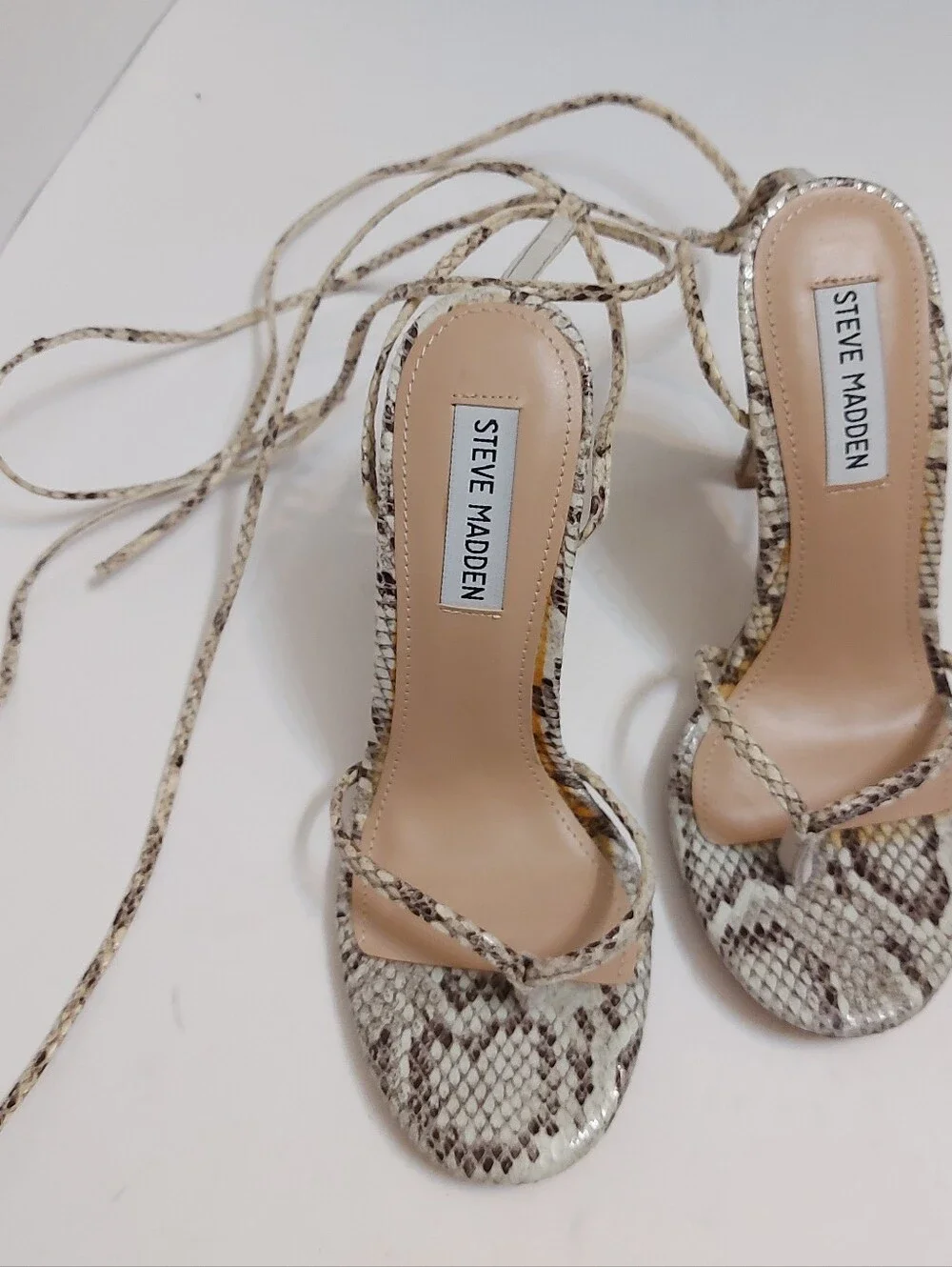Steve Madden Snake-Print Lace-Up Stiletto Sandals in Beige